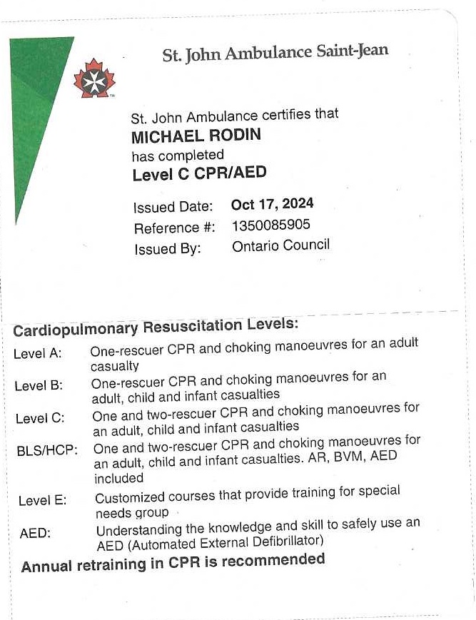 CPR Certificate for Michael Rodin
